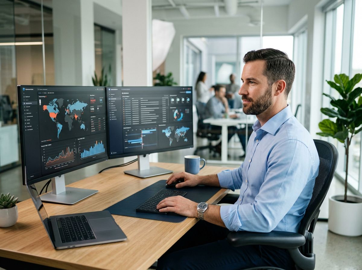 Man analyzing cybersecurity data on dual monitors displaying world maps and charts in a modern office environment.